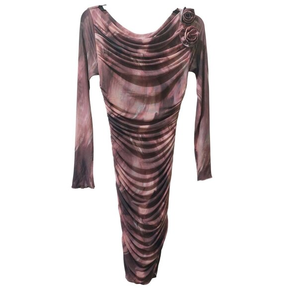 NWT Commense Women's Pink/Mauve Long Sleeve Ruched Mesh Dress W/ Rosette's Large - Picture 2 of 12